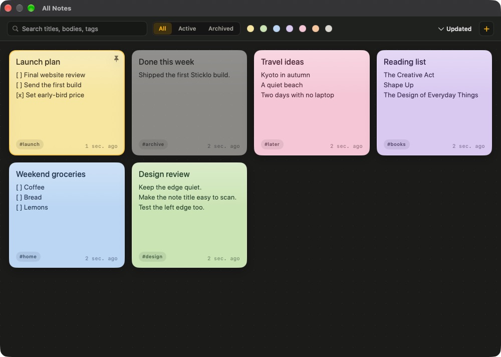 Sticklo All Notes window with searchable coloured note cards